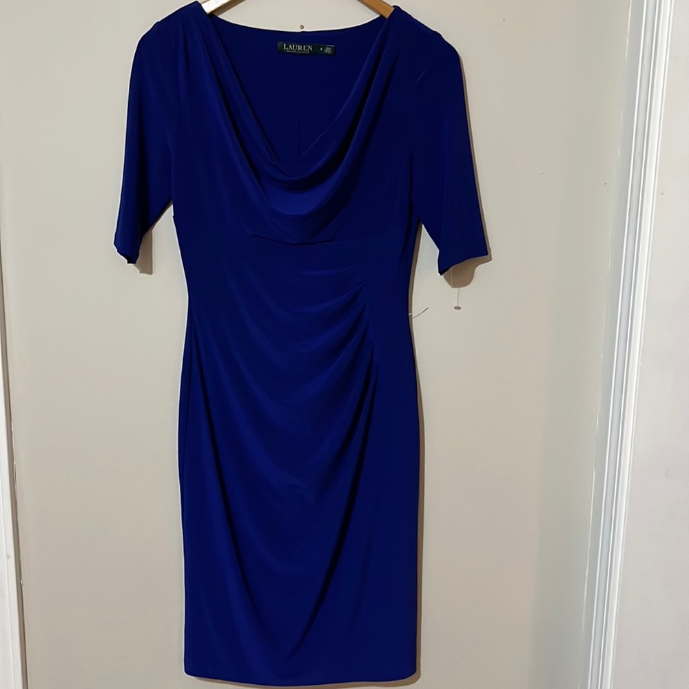 NWOT Ralph Lauren Dress Ruched Cowl Neck Indigo Below Knee Formal Elbow Sleeve